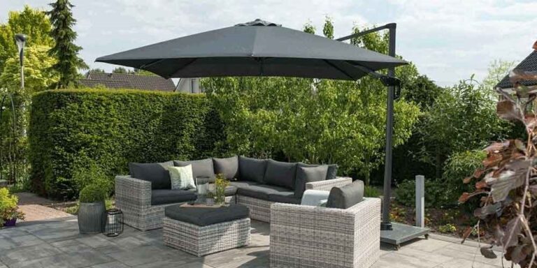 aluminium zwevende parasol donkergrijs extra stevig 350 x 350 cm. De